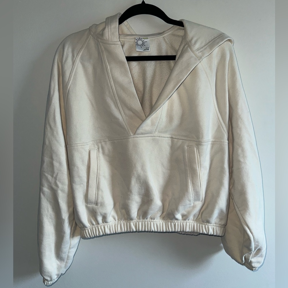 Aerie Offline Cream V-Neck Cropped Sweatshirt with Hood